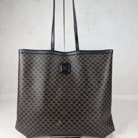 Celine Tote Bag Macadam Triomphe Leather PVC Black/Brown Shoulder Bag Italy - Picture 1 of 11